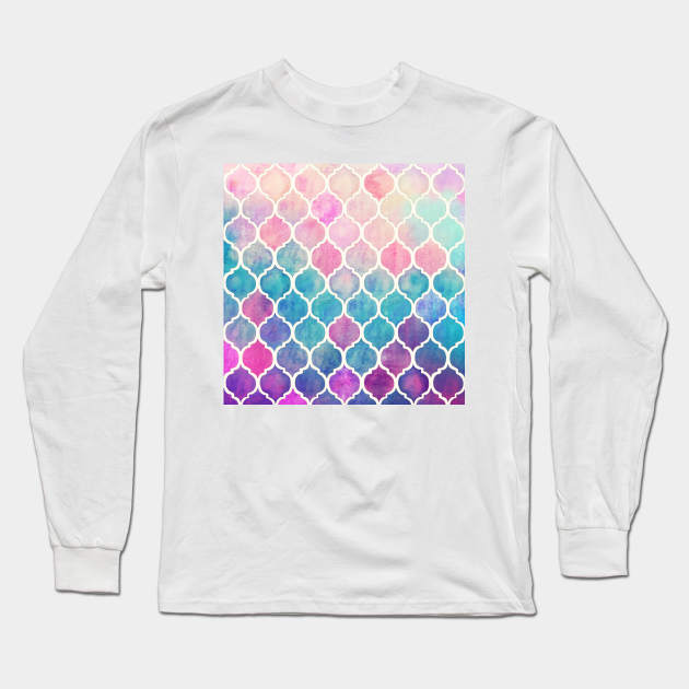Rainbow Pastel Watercolor Moroccan Pattern Long Sleeve T-Shirt by micklyn